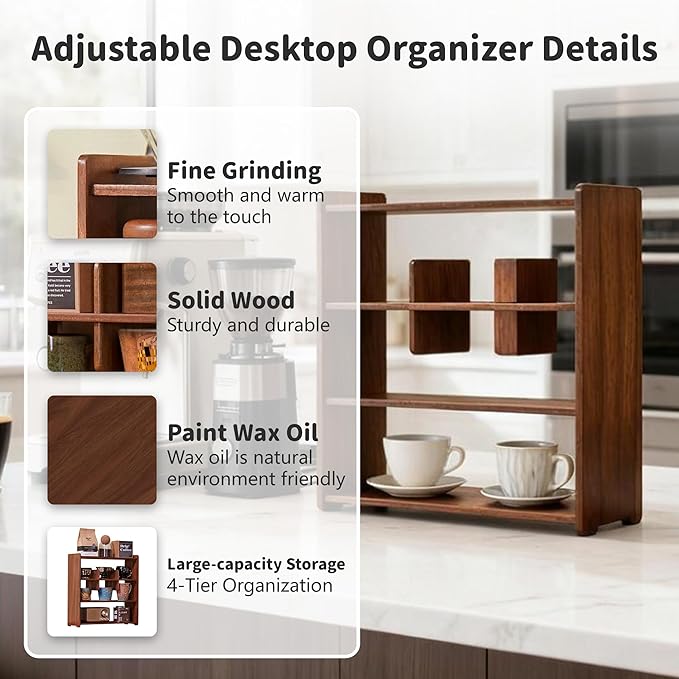 Coffee Cup Holder for Countertop Walnut Wood Coffee Mugs Holder for Kitchen Mug Display Rack (4-Tier Walnut wood B)