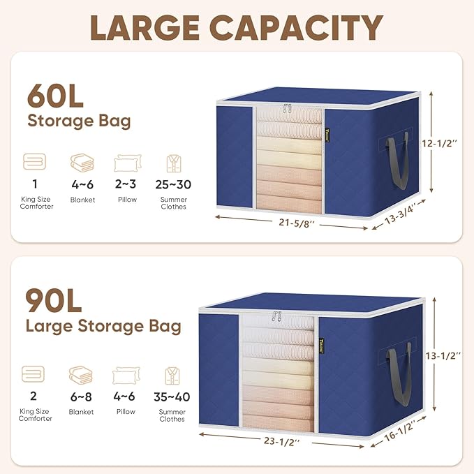 BALEINE 2 Pack Clothes Storage Bags, 16 Gallon Storage Containers with Reinforced Handle, Sturdy Zipper, Closet Organizer for Blanket, Comforter, Pillow, Bedding (Blue, 2 Pack)