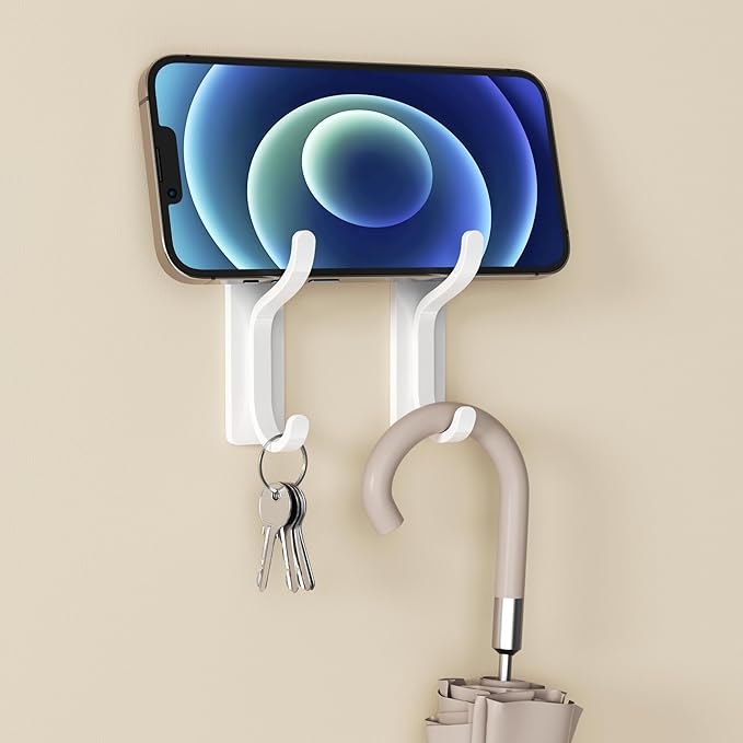 2 Pack Wall Hooks for Hanging: Adhesive Coat Hooks for Hat, Towel, Purse, Clothes, Keys, Backpack, Hangers for Door, Kitchen, Bathroom, Shower, Heavy Duty Stick On, Hold 13 lb, Stainless, White