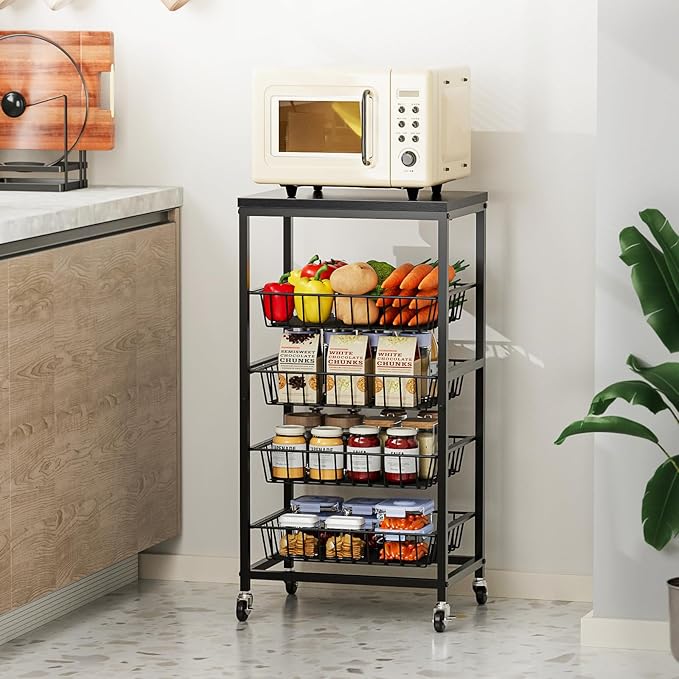 Snack Cart, 5-Tier Kitchen Carts on Wheels with Storage,Fruit Basket Stand with Pull-Out Baskets and Wood Top,Kitchen Organizer for Fruit Vegetable Snack (Black)