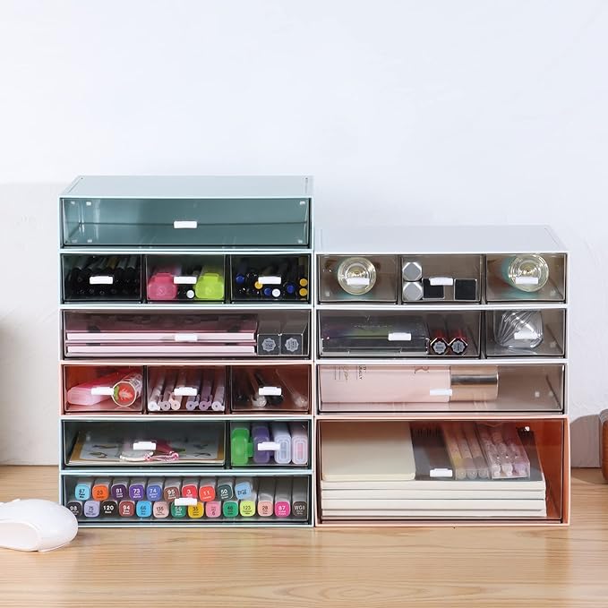 Desk Craft Organizer and Storage with 7 Flat Drawers, Stackable Plastic Desktop Accessories & Workspace Organizer for Office Stationary, Makeup Skincare, Sanitation Supplies, Pink