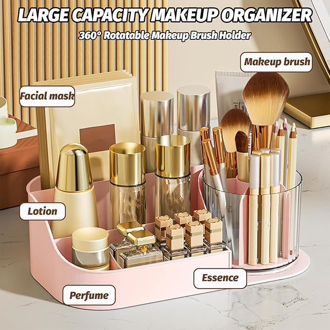 DASITON Large Capacity Makeup Organizer with 360° Rotating Makeup Brush Holder, Perfume and Skincare Storage Organizers for Vanity Bathroom Countertop, Cosmetic Display Case (Pink, 1 Tier)