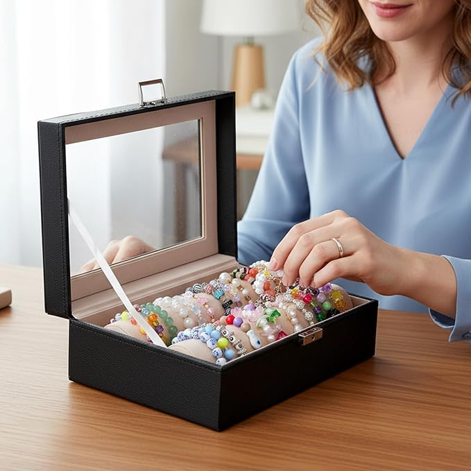 Bracelet Display Stand with Transparent Lid Display Jewelry Storage Box Suitable for Bracelets and Watches for Men and Women with Removable Frame Glass and Safety Lock