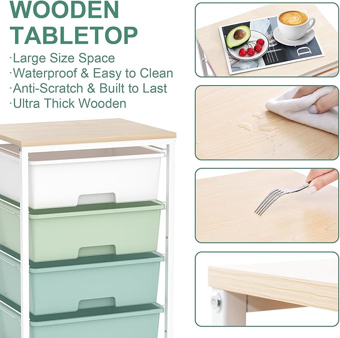 Utility Cart with 4 Drawers,Rolling Storage Cart with Drawers,Storage Rolling Drawer Cart with Wooden Tabletop for Bedroom,Kid's Room,Dorm,Classroom,Office,Green