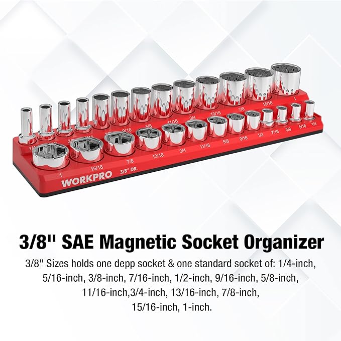 WORKPRO Magnetic Socket Organizer, 3/8-Inch SAE Socket Holder, Socket Trays Holds 26 Pieces Standard Size and Deep Size Sockets(Sockets not Included)