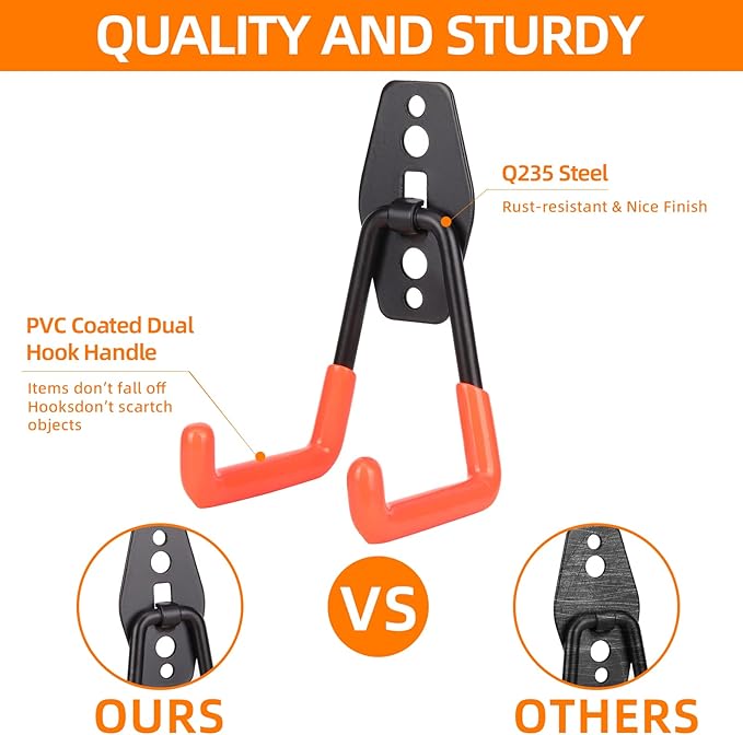 16 Pack Heavy Duty Garage Hooks with Extension Straps, Double Hook Design with Triple Welded Reinforcement, Supports Up to 100 lbs, Ideal for Home, Garden and Tool Storage