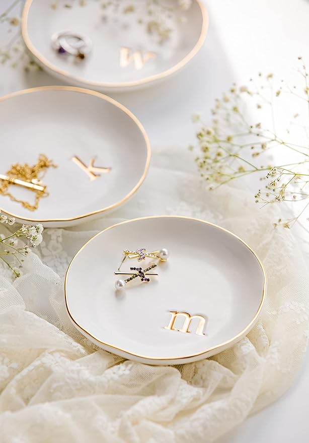 COLLECTIVE HOME - Ceramic Jewelry Tray, Decorative Trinket Dish for Rings Earrings Necklaces Bracelet Watch Keys, Birthday Mother's Day Christmas Gift for Women, 4.75", White Surface (O)
