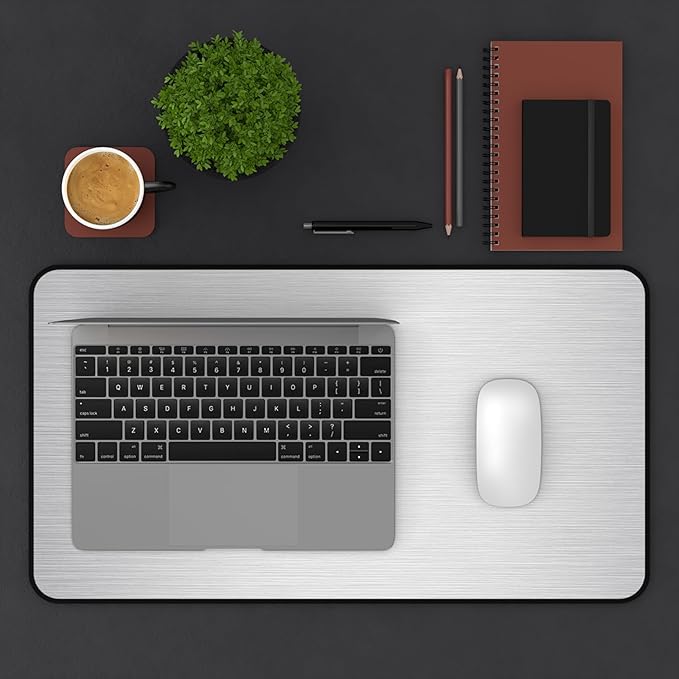 Brushed Metal Texture Desk Mat - Extended Mouse Pad & Desk Pad, Neoprene Surface, Non-Slip Rubber Base, Stitched Edges, Desk Protector for Keyboard & Mouse (Silver, 12x22)