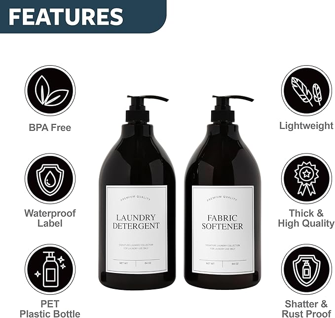 Calindiana Modern Farmhouse Liquid Laundry Detergent and Fabric Softener Dispenser for Laundry Room Decor and Organization, PET Plastic Landry Soap Containers with Water Resistant Labels, Amber 64oz