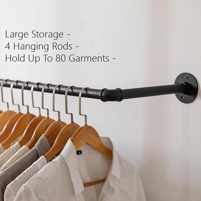 Industrial Pipe Clothing Rack - Wall Mounted Garment Rack as Walk-in Closet System. Sturdy Open Wardrobe for Hanging Clothes - Heavy Duty Clothes Rack with Four Hanging Rods for Home