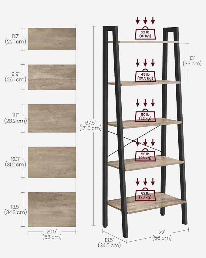 VASAGLE Ladder Shelf, 5-Tier Bookshelf, Storage Rack, Bookcase with Steel Frame, for Living Room, Home Office, Kitchen, Bedroom, Industrial Style, Camel Brown and Ink Black ULLS045B50