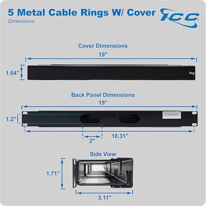 ICC 1U Ring Cable Manager Panel with Cover, Metal, 3" D-Rings, Horizontal Cable Management, Rackmount for 19” Network Racks, Black, Single Pack