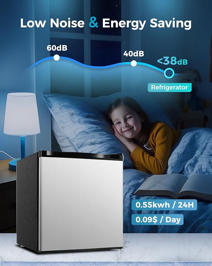 Mini Fridge with Freezer - 1.7 Cu.Ft Single Door Mini Refrigerator with Adjustable Thermostat, Low Noise, Energy Saving, Small Fridge for Bedroom, Apartment, Dorm, Classroom, Office - Silver