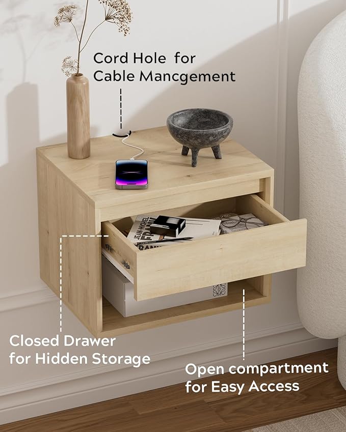 Floating Nightstand Set of 4, Wall Mounted Bedside Table with Storage Drawer and Open Shelf, Modern Night Stand withHandless Design for Living Room, Bedroom, Dorm, Light Oak