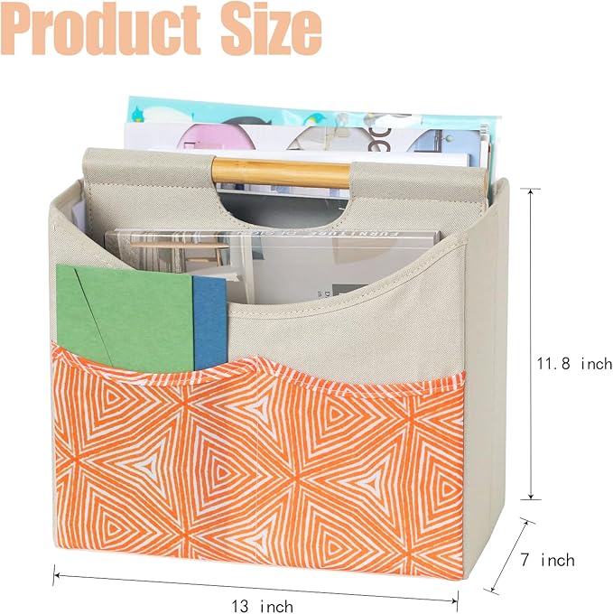 EZDeco Magazine Holder,Boho Foldable Magazine Rack Storage Basket with Bamboo Handles,Holds Multiple Magazines with 3 Pockets,Magazine Basket for Home Office Book,File, Newspaper