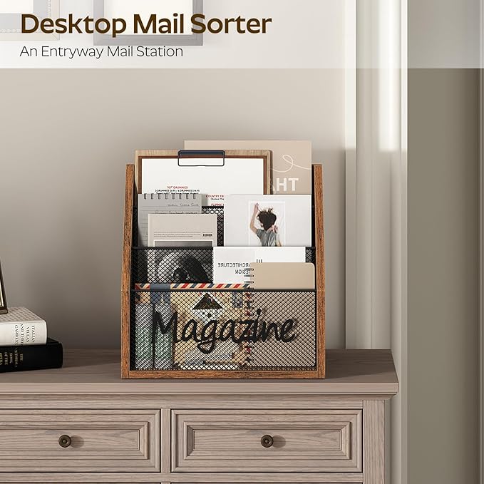 Magazine Holder, Wood Magazine Rack Floor, Mail Organizer Countertop, Magazine Mail Holder Sorter, Record Holder for Magazines, Books, Newspapers, Tablets, Rustic Brown and Black MR02BR