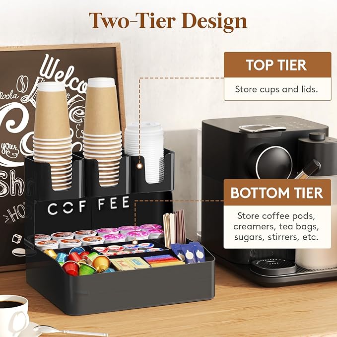 Lifewit 2-tier Coffee Station Organizer for Countertop, 10 Compartments, Tea Condiment Storage,Coffee Bar Organizer for Office Breakroom, Home Kitchen, Black