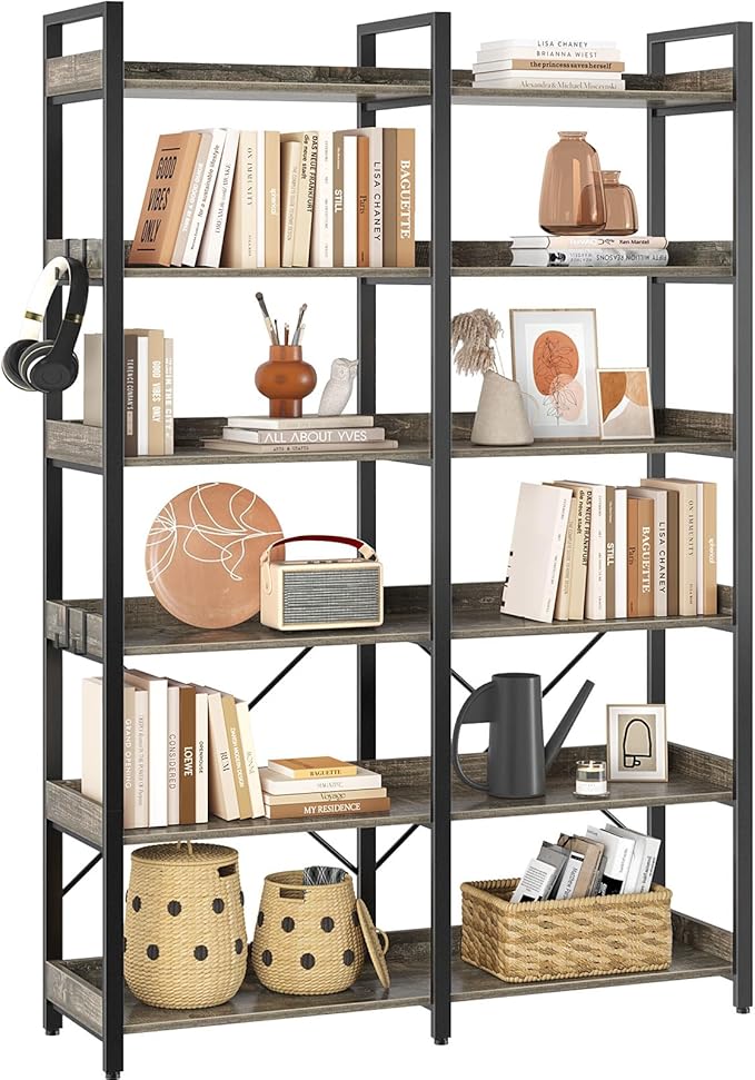 Seventable Bookshelf 6 Tier with 4 Hooks, 67” Industrial Wooden Bookcase, Vintage Storage Rack with Open Shelves, Rustic Standing Bookshelves Metal Frame 43.3” Wide Display Rack, Rustic Brown