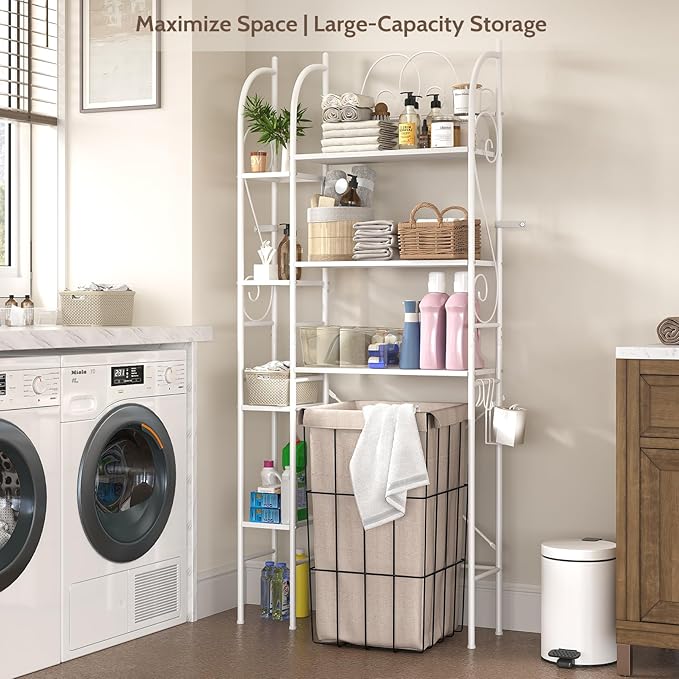 7-Tier Over the Toilet Storage Rack, Heavy-Duty Metal Bathroom Organizer with Adjustable Shelf, Toilet Paper Holder & Side Hooks, Space Saver for Small Bathrooms, Laundry Room & Apartments, White