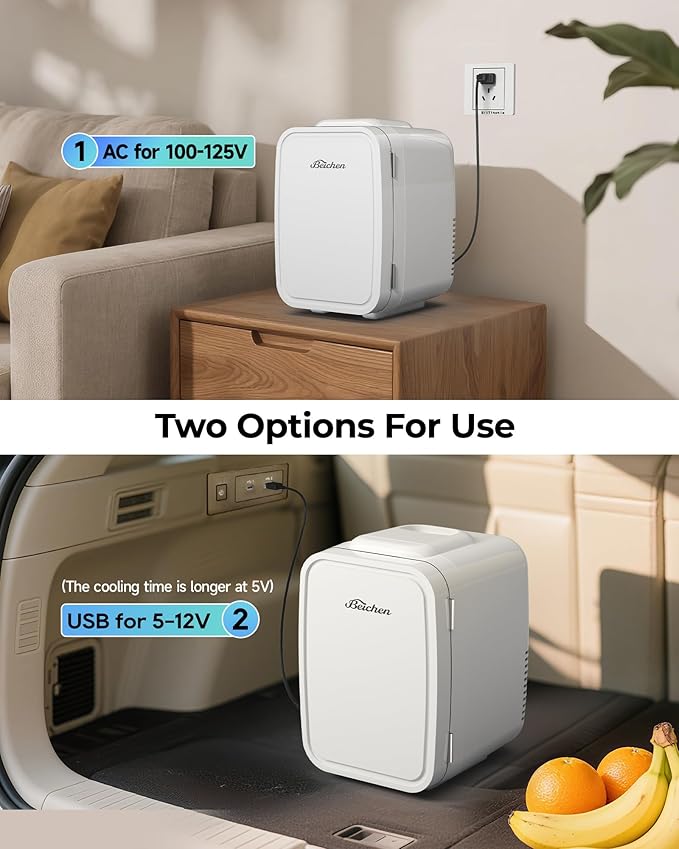 Mini Fridge, 4 Liter/6 Can Portable Refrigerator for Bedroom Office Dorm Car– Fast Cooling, Low Noise, 100-125V AC/5-12V USB Small Compact Refrigerator for Skincare, Food, Drinks(White)