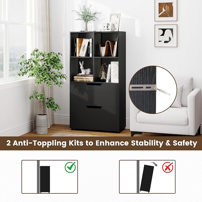 GOFLAME 4-Tier Bookcase with 2 Drawers, 51” Tall Bookshelf with 4-Cube Open Shelf, Wood, Modern, Freestanding Display Storage Organizer Shelf for Living Room, Home Office (2,Black)