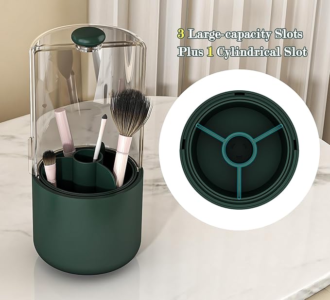 Makeup Brush Holder with Dustproof Cover, Clear 360 Rotating Make Up Brushes Organizer for Counter Vanity Bathroom, Olive Green