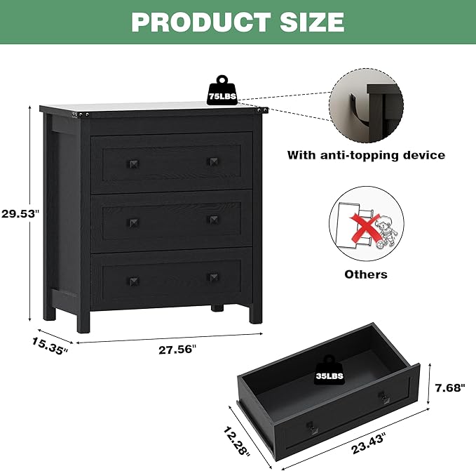 Dresser for Bedroom with 3 Drawers, 27.55" Wide Small Chests of Drawers, Farmhouse Wood Nightstand Bedside Cabinet End Table, Modern Closet Storage Organizer for Living Room, Entryway, Hallway, Black