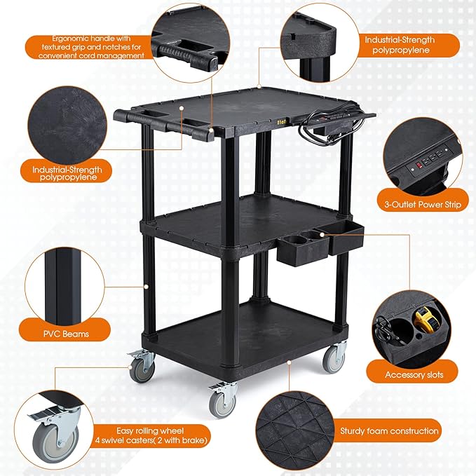 ELAFROS Heavy Duty 3-Tier AV Cart with Power Strip, 27.5 x 18.25 Inch, Industrial Plastic, 330 lbs Capacity, Flat Top Shelves with Swivel Wheels – Multipurpose Rolling cart