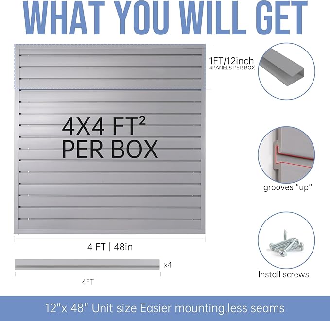 Slatwall Panels Garage Slat Wall Storage Systems 4'x4', Slat Wall Paneling Garage Wall Organizer, Grey Slat Board PVC Wall Panels Slatwall Displays Garage Tool Organizer Wall Mount Ladder Bike Rack