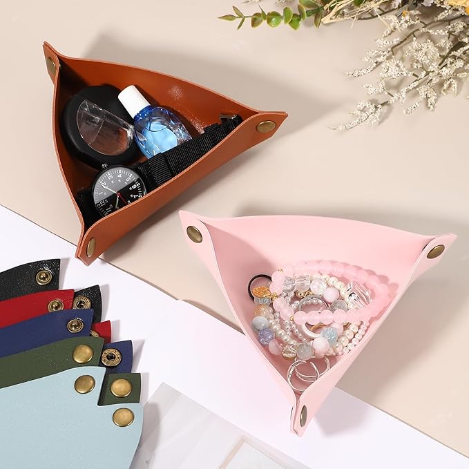 uxcell 2 Pcs Valet Tray for Women and Men, PU Leather Jewelry Tray Entryway Table Bedside Nightstand Catchall Storage Organizer for Jewelry Key Coin Watch Wallet (Triangle, Black)