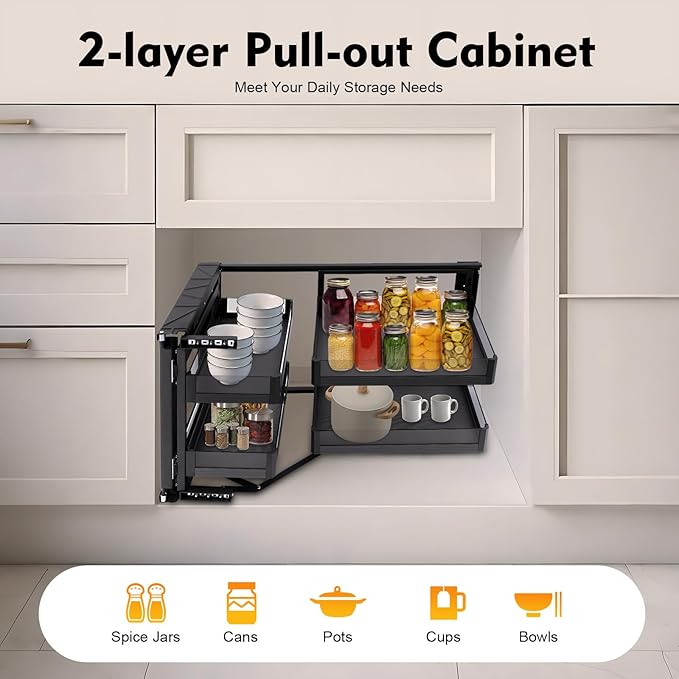 Blind Corner Cabinet Pull Out Organizer, 14 Inch 2 Tiers Pull Out Shelf with 4 Tempered Glass Baskets, 33 lbs Capacity per Basket, Adjustable Kitchen Storage for Corner Cabinet
