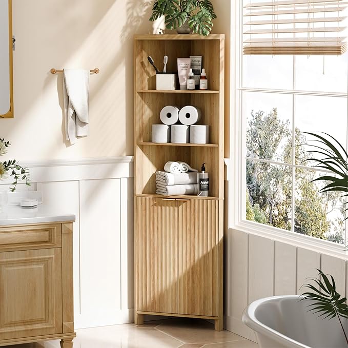 VINGLI 68" Tall Corner Cabinet with Fluted Doors,Corner Bathroom Storage Cabinet Pantry Hutch Display Shelves Adjustable for Kitchen, Living Room Modern Space Saver Shelf Bathroom Furniture,Oak