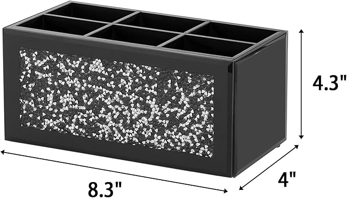 SHYFOY Remote Control Holder with 6 Compartments, Black Glass Desktop Organizer, Crystal Detail Design, 4.3x8.3x4 Inches, Multi-Purpose Storage Caddy for TV Remotes and Office Supplies