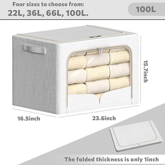 FHSQX 3 Pack Clothes Storage Bins Foldable Metal Frame Storage Box Stackable Linen Fabric Container Organizer Set with Carrying Handles and Clear Window (Cream White, 23.6x16.5x15.7inch(100L))