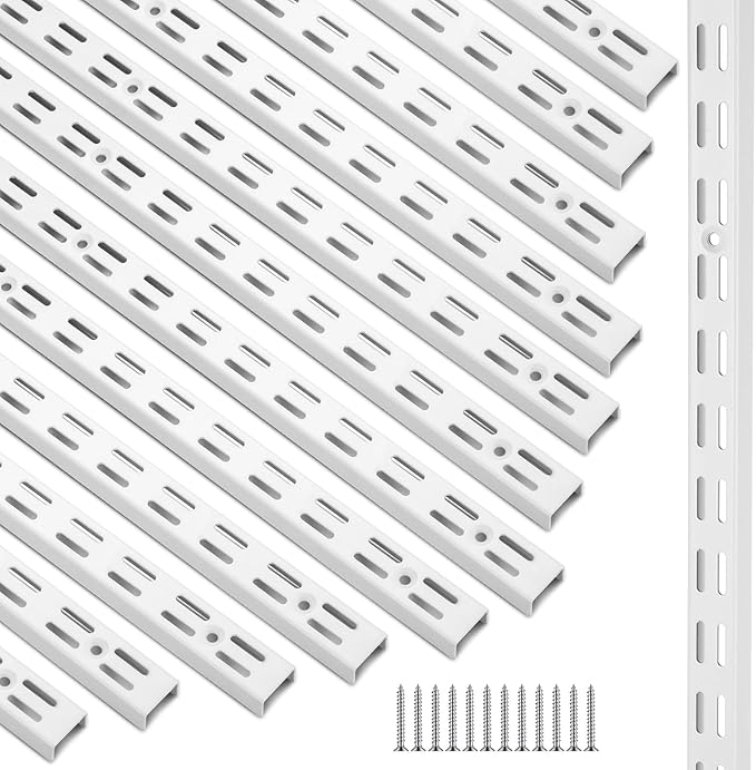 12 Pack 47 Inch Dual Track Upright Wall Shelving System Shelf Bracket Twin Slot Shelf Rail Twin Track Upright Heavy Duty Support System for Pantries, Linen Closets, Laundry Rooms (White)