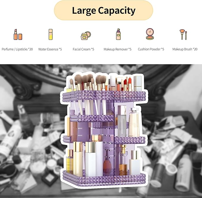 Rotating Makeup Organizer, Large Capacity Cosmetic Display Case, Acrylic Skincare Organizer with Makeup Brush, Makeup Storage Organizer for Dresser Countertop and Bathroom Vanity - Purple