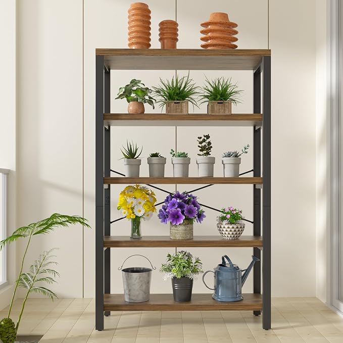 5-Tier 39.37" Wide Heavy Duty Bookshelf, Industrial Wood and Metal Bookshelf, Vintage Bookcase with Lock Wall Design, Living Room Shelf, Rustic Brown