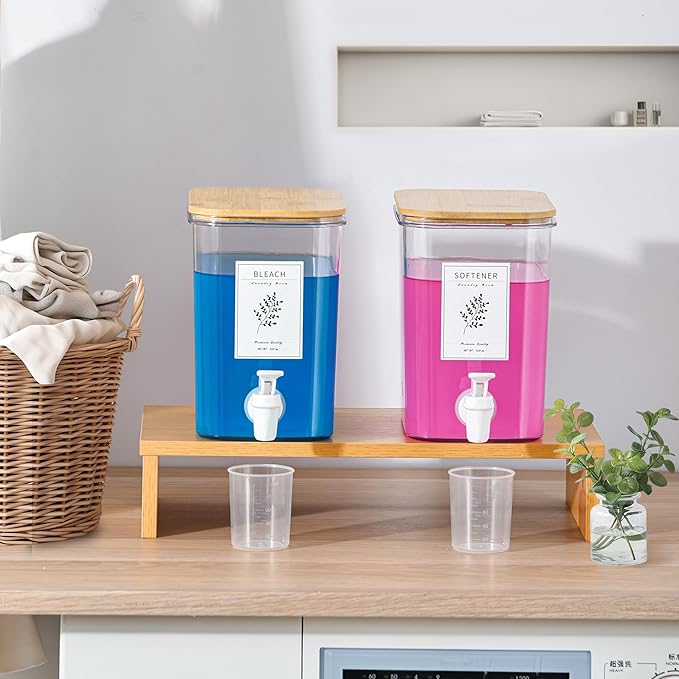 Liquid Laundry Detergent Dispenser Set with Shelf and Bamboo Lids for Laundry Room Organization and Storage - 2 Pack 96 oz Laundry Containers for Laundry Soap, Fabric Softener