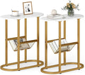 Tangkula Oval Narrow Side Table, 2-Tier End Table with Mesh Magazine Rack, Steel Frame, Industrial Nightstand, Compact Sofa Bedside Table for Living Room Bedroom, White & Gold
