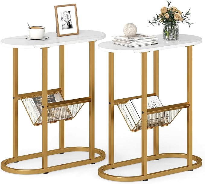 Tangkula Oval Narrow Side Table, 2-Tier End Table with Mesh Magazine Rack, Steel Frame, Industrial Nightstand, Compact Sofa Bedside Table for Living Room Bedroom, White & Gold