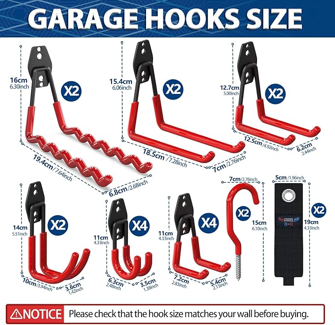 3-H Garage Wall Hooks 20 Pack, Garage Hooks Heavy Duty with Extra Welding Spots, Garage Organizer for Garden, Lawn, Chairs, Ladders, WeedEater, Shovel (Red)
