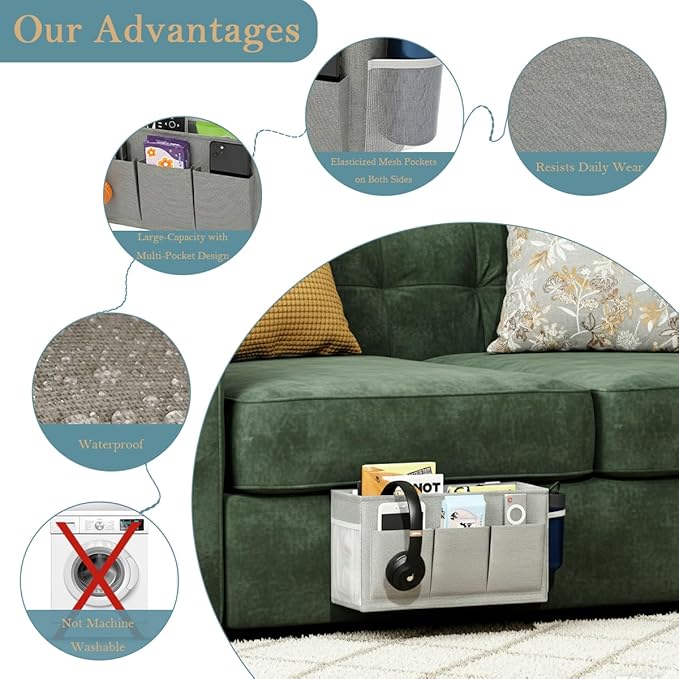 Dual-Purpose Bedside Caddy Organizer Hanging Storage Bag Dorm Storage for Home, Dorm, Bunk, Hospital Beds, Bed Caddy Holder with 6 Pockets for Magazines, Books, Phones, Remotes, Bottles