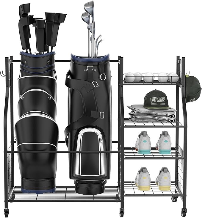 WALMANN Garage Golf Bag Storage Organizer Stand, Extra Large Golf Bag Stand with Golf Accessories Storage Shelves Rolling Golf Bags Organizer