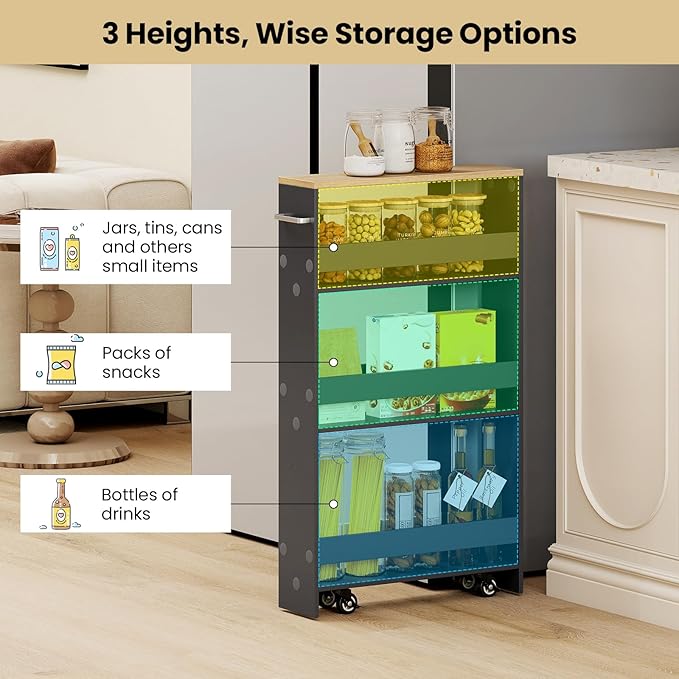 Small Kitchen Cart, 4-Tier Slim Rolling Island w/Handle, Laundry Room Storage Organizers Between Washer and Dryer, Narrow Spice Rack on Wheels Next to Fridge (Gray, 5'')