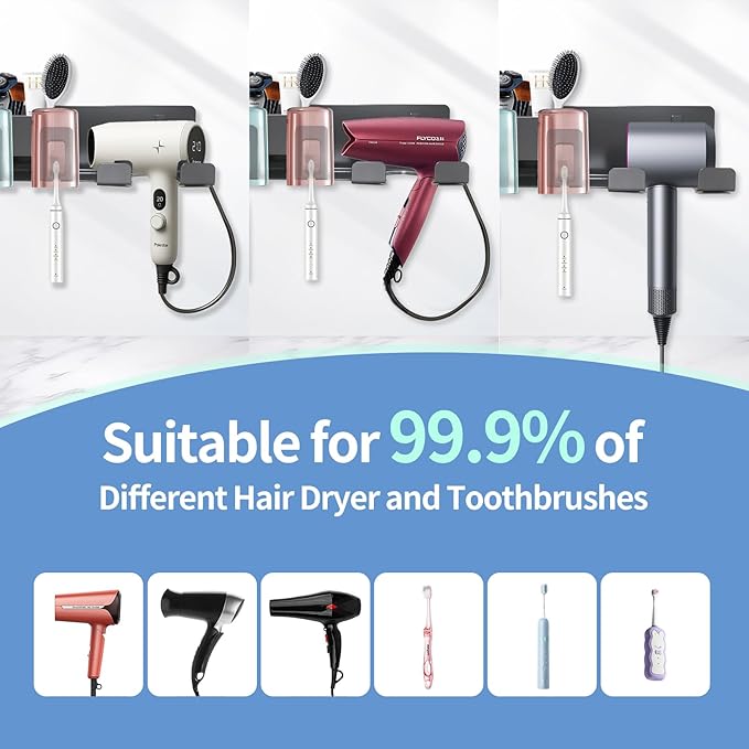 Hair Dryer Holder Wall Mounted Adhesive/Drilling,Hair Dryer Storage Organizer with 2 Toothbrush Holders,2 Toothbrush Cups,2 Storage Boxes for Bathroom,Blow Dryer Holder,Hair Tool Organizer,Dark Gray