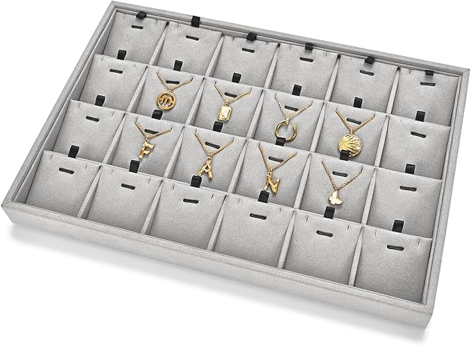 24 Grids Necklace Tray Jewelry Display Tray Necklace Holder Organizer for Drawers With Removable Jewelery Cards Pendant Bracelet Storage Holder (Grey