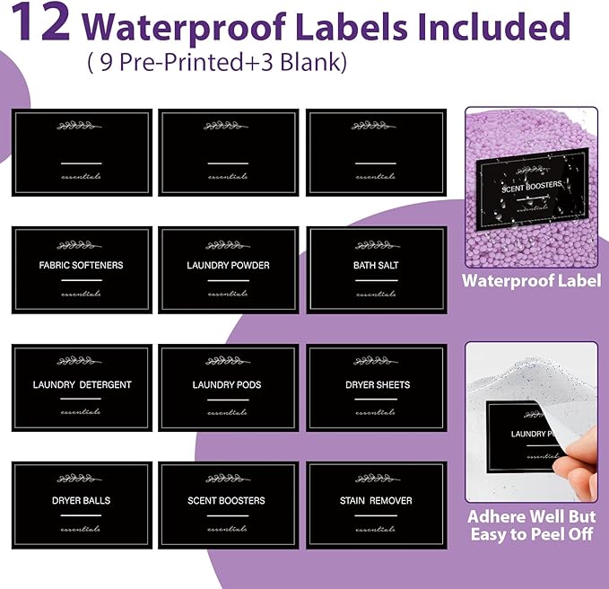 4+1 Pack Clear Laundry Pods Container & Dryer Sheet Holder, Plastic Square Laundry Room Organization and Storage Jars with Black Lids, Scoops & Labels for Detergent, Powder, Dryer Balls