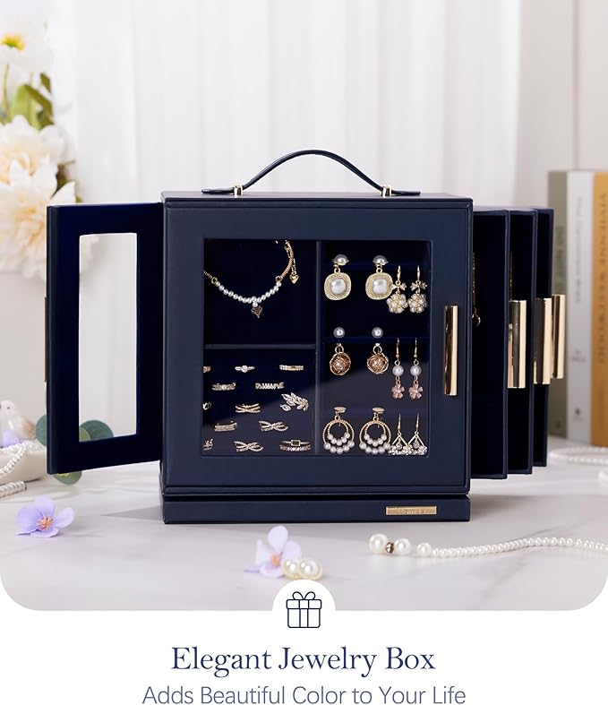 Homde Christmas Gifts Jewelry Box 360° Rotating, Necklace Earring Organizer with Transparent Window, Mirror, 7 Drawers, Large Ring Display Storage Case for Girls Women (Dark Blue)