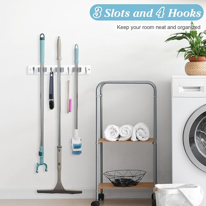 White Broom Holder Wall Mount - Heavy Duty Wood Mop and Broom Organizer with 3 Slots & 4 Hooks - Garden Tool Hanger for Laundry Room Closet Kitchen Garage Storage and Organization - Modern Home Decor
