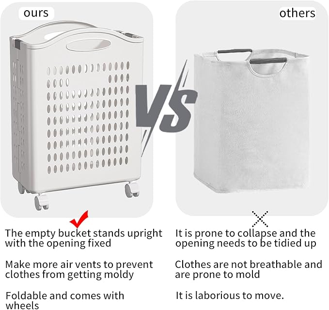 Rolling Laundry Hamper with Wheels - 14W×7.5D×21H Ventilated Plastic Laundry Basket, White Storage Bin with Handles for Small Spaces, Bedroom & Bathroom